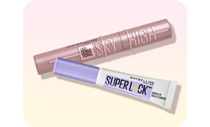 Tubes of Maybelline Sky High mascara and SuperLock brow glue