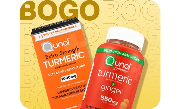 Buy 1, get 1 free. Qunol Extra Strength Turmeric and Turmeric ginger gummies.