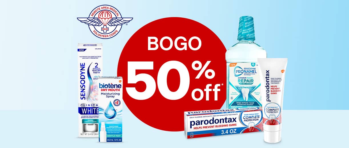 Buy one, get one 50 percent off. Biotene, Sensodyne, Paradontax and Pronamel oral care products. Remote Area Medical Volunteer Corps logo