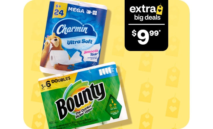 Extra Big Deals, $9.99, Charmin toilet paper and Bounty paper towels