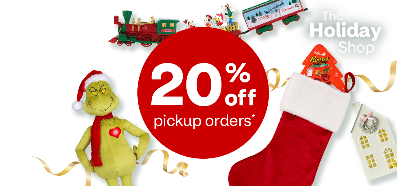 20% off, The Holiday Shop, Holiday Barbie, Grinch plush, Disney train set, stocking with Reese's candy