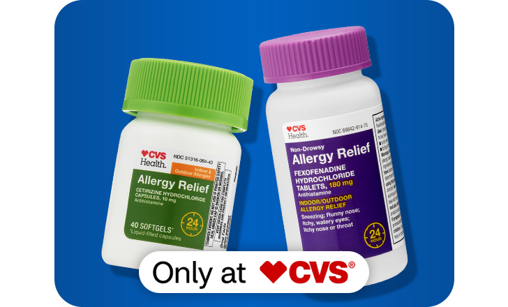 Only at CVS. CVS Health Allergy Relief tablets and CVS Health Allergy Relief capsules