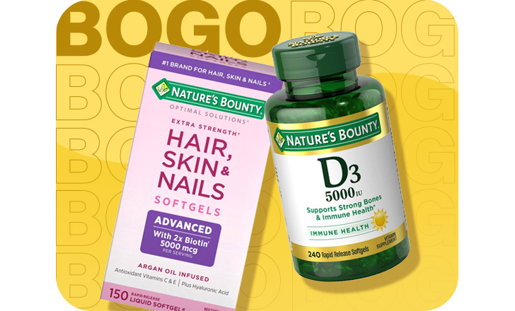 Buy 1, get 1 free. Nature's Bounty D3 supplements and Nature's Bounty Hair, Skin and Nails softgels.