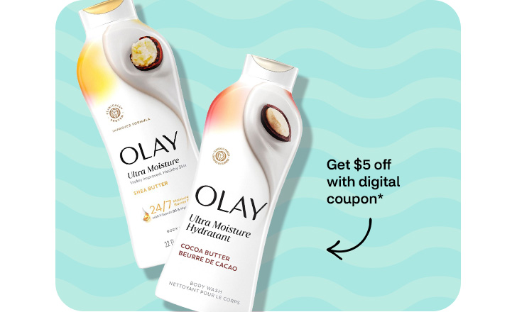 Pague $5 menos con un cupón digital. Olay Shea Butter moisturizer. Olay Cocoa Butter body wash