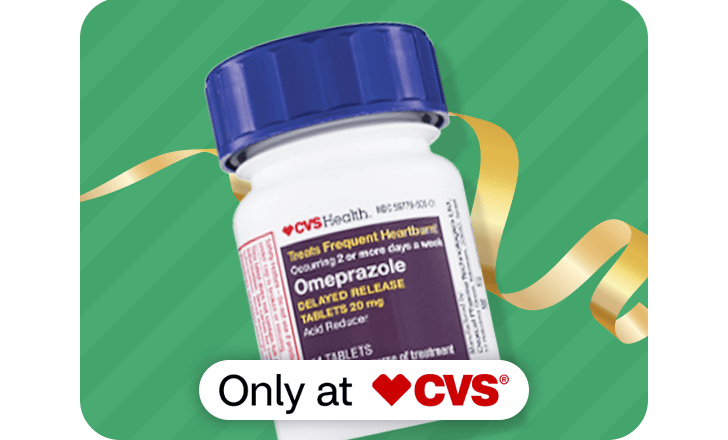 A bottle of CVS Health Omeprazole supplements, only at CVS.