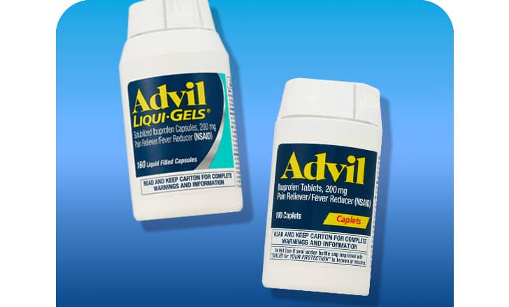 Advil Liqui-Gels and caplets pain relief products.