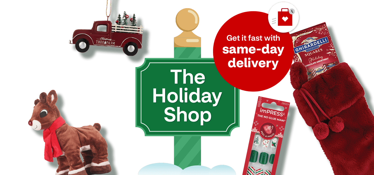 The Holiday Shop, holiday items including Raw Sugar gift set, Rudolph plush toy, tree farm ornament, stocking with Ghirardelli squares and imPress press on nails