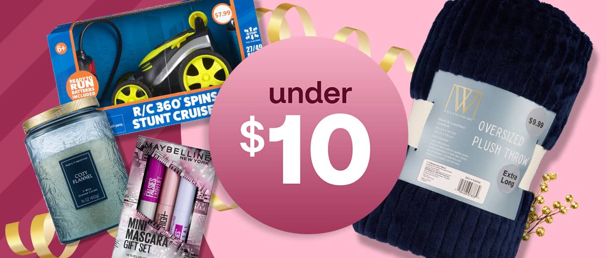 Gifts under $10, including Cozy Flannel candle, Maybelline Mini Mascara Gift Set, Remote Control Stunt Cruiser and Wayland Square Oversized Plush Throw.