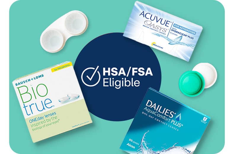 Dailies, Acuvue Oasys and Biotrue contacts, HSA/FSA eligible logo