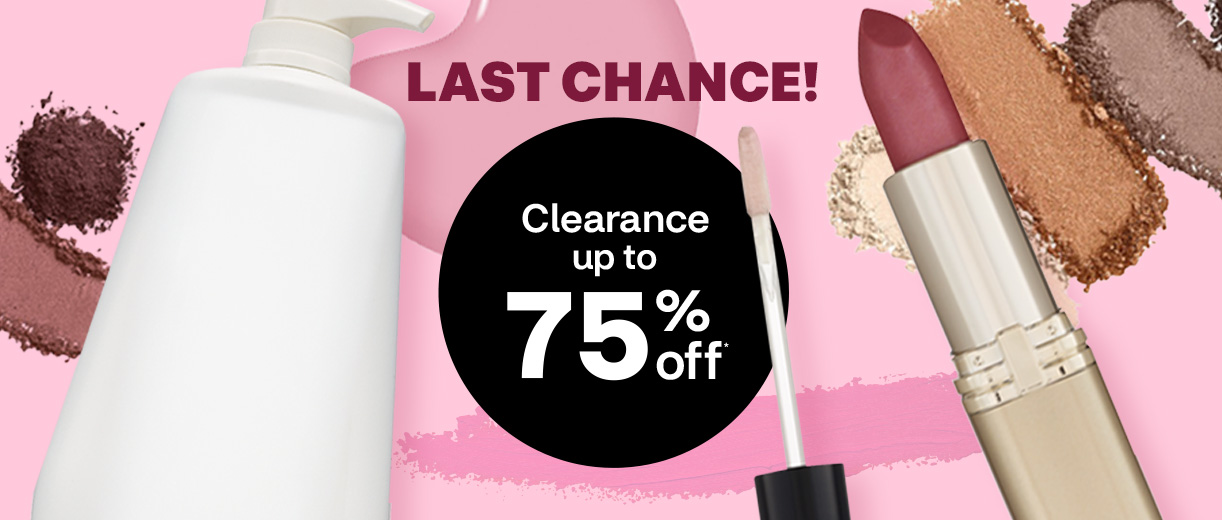 Last chance! Clearance up to 75% off. Cosmetics on a pink background. A lotion bottle, open lipstick, eyeshadow and lip gloss applicator.
