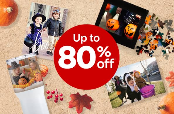 Up to 80 percent off photo products, including travel mug, photo book, canvas print and puzzle, with Halloween photos