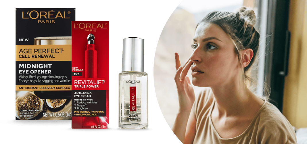 L'Oréal Paris Age Perfect Midnight Eye Opener, Revitalift anti-aging eye cream and serum. A woman applying an eye care product to her face.