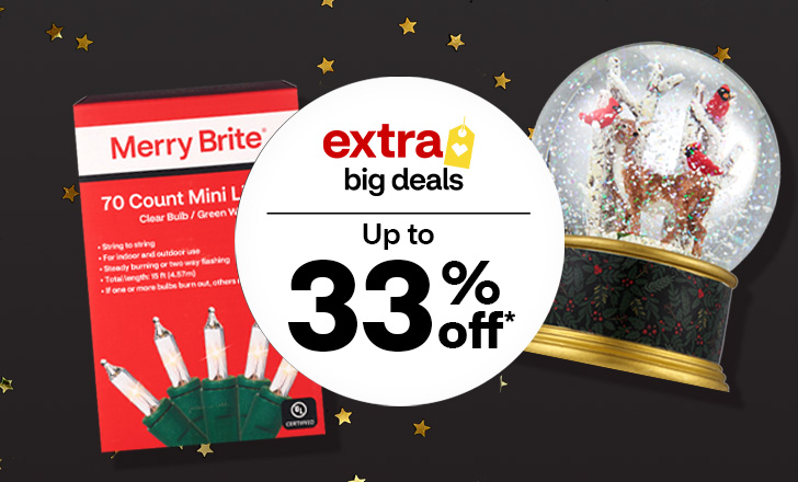 Merry Brite lights and snow globe décor with an up to 33% off offer dot.