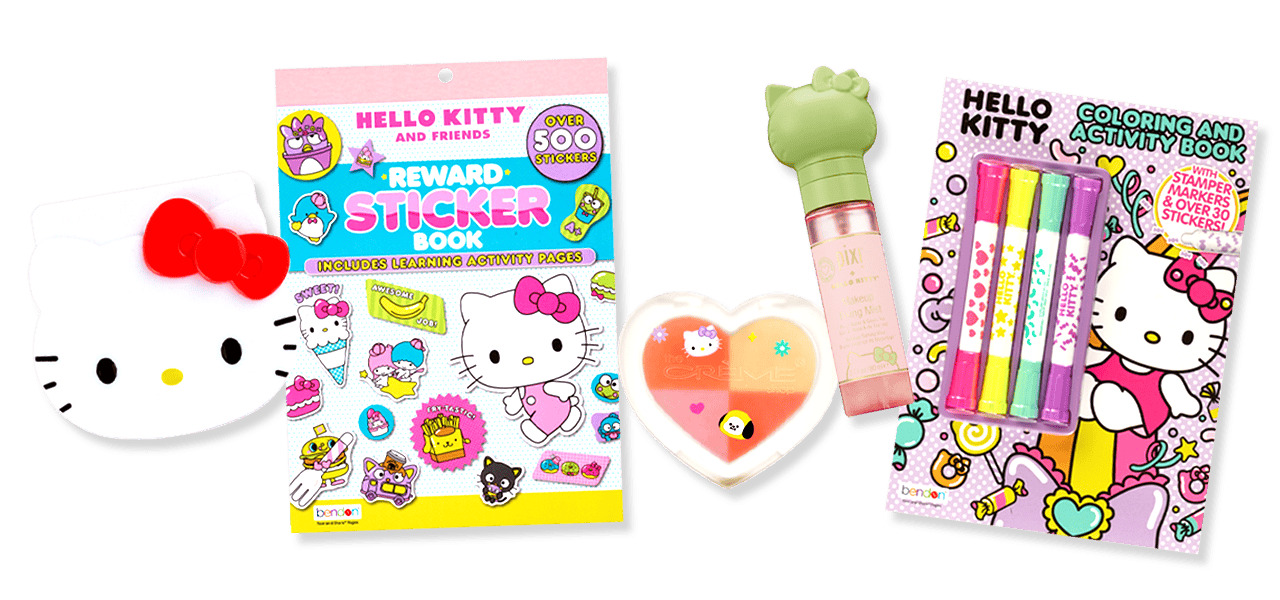 Hello Kitty products, including Mattifying Blotting paper, Reward Sticker Book, Creme eyeshadow quad, makeup fixing mist and Coloring and Activity Book