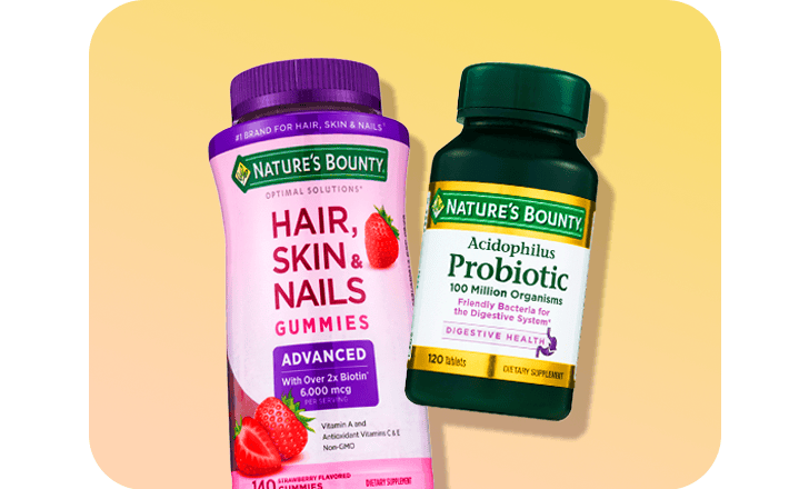 A bottle each of Nature's Bounty Hair, Skin and Nails gummies and Probiotic tablets.