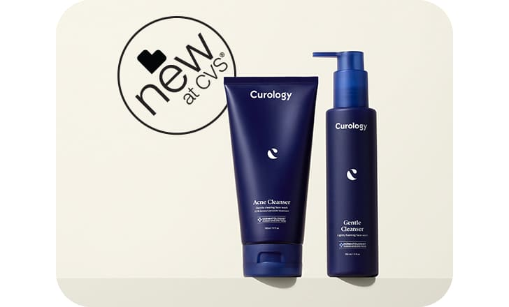 New at CVS®. Curology logo. Curology Gel Moisturizer, Acne Cleanser and Emergency Spot Patch.