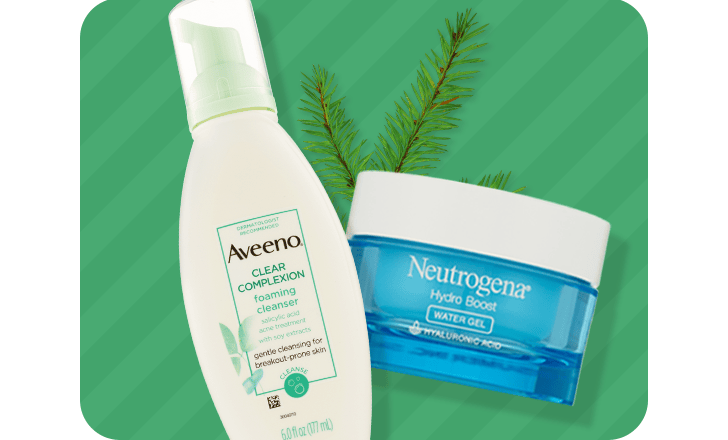 A bottle of Aveeno clear complexion cleanser and a tub of Neutrogena Hydro Boost water gel.