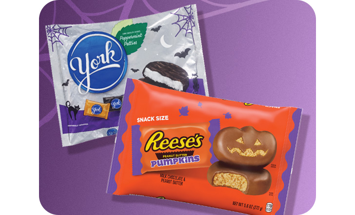 Snack size York peppermint patties and Reese's pumpkins Halloween candy