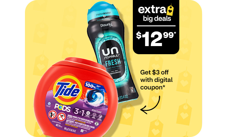 Extra big deals, $12.99. Pague $3 menos con un cupón digital. Downy Unstopables Scent Booster Beads and Tide Pods.