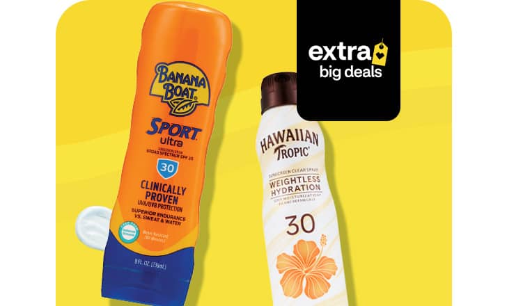 Banana Boat Sport and Hawaiian Tropic SPF 30 sunscreen lotion, extra big deals.
