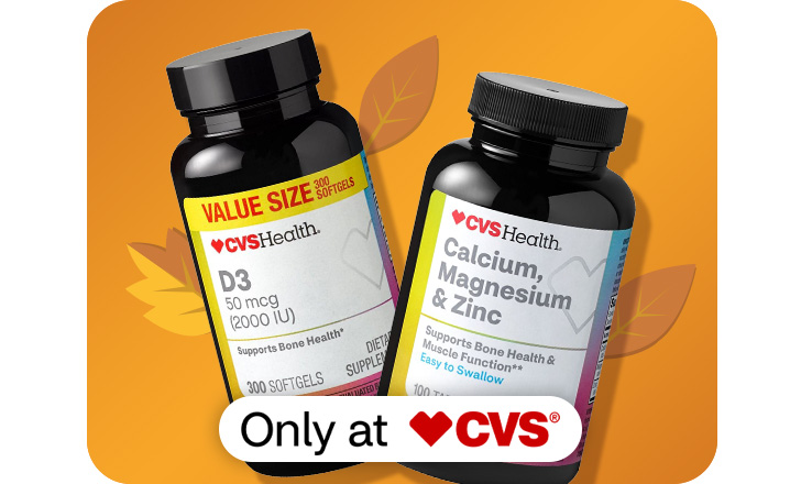 Only at CVS. CVS Health D3 and Calcium, Magnesium and Zinc against an orange background with orange leaves.