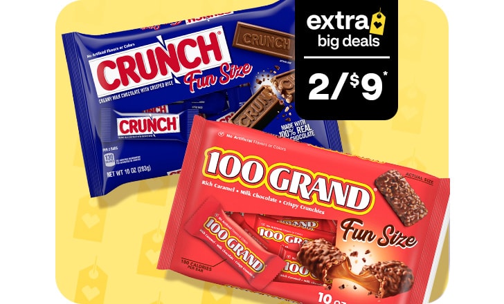 Extra Big Deals, two for $9. Crunch fun size candy and 100 Grand fun size candy.
