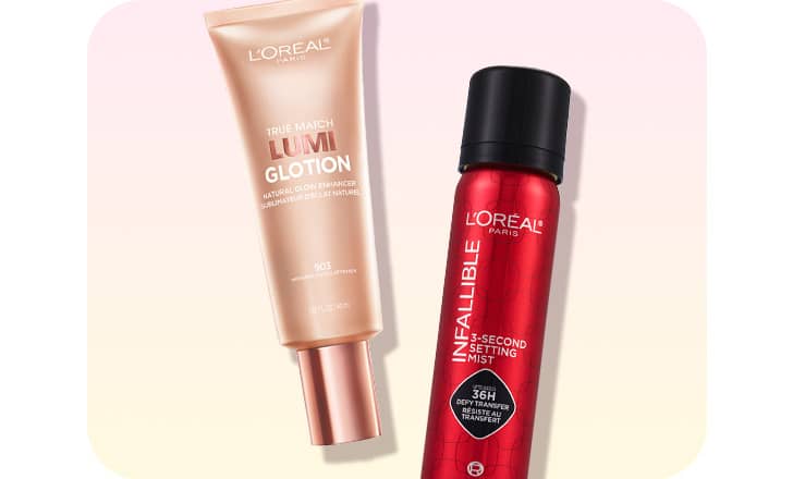 A tube of L'Oreal Lumi Glotion and a bottle of L'Oreal Infallible setting mist