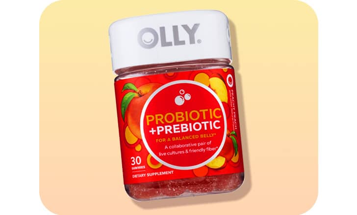 A bottle of Olly probiotic + prebiotic supplements