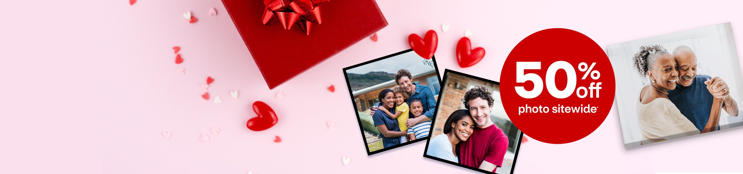 50% off photo sitewide, picture of a family in a frame, picture of young couple in a frame, photobook cover of a couple dancing with a red gift box and hearts
