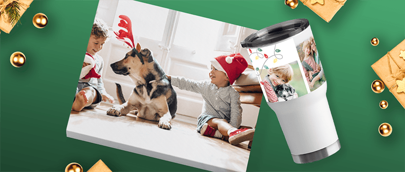 Photo gifts, including a canvas print and photo tumbler with holiday photos
