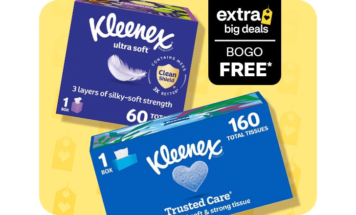 Extra Big Deals. Buy 1, get 1 free. Kleenex Ultra Soft and Trusted Care tissues