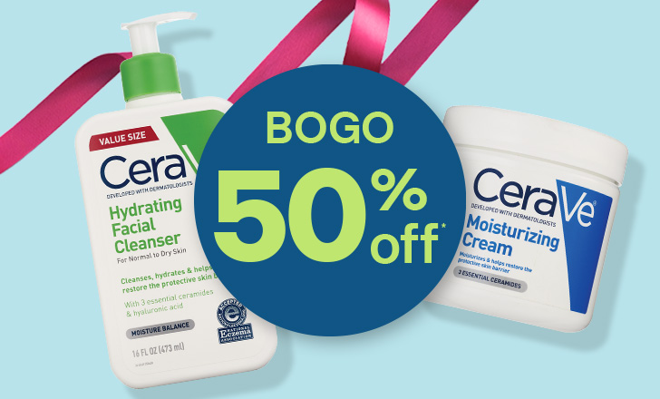 Buy one, get one 50 percent off, a pump bottle of CeraVe facial cleanser and a tub of CeraVe moisturizing cream