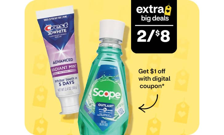 Two for $8, get $1 off with digital coupon, Crest 3D White toothpaste and Scope Outlast mouthwash