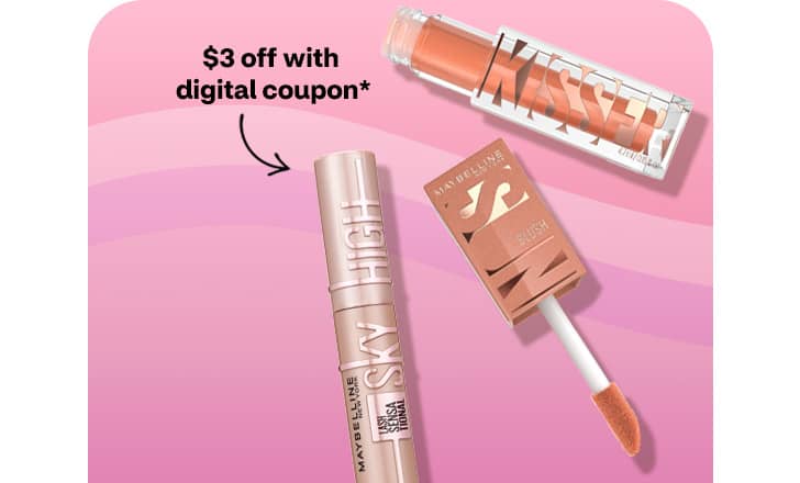 $3 off with digital coupon, Maybelline Sky High mascara and Sunkissed lip color.