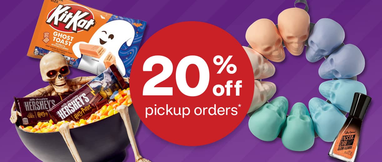 20% off pickup orders. The Halloween Shop, Skull wreath, KitKat Ghost Toast candy, eyeshadow palette, Sally Hansen nail polish and Hershey's Harry Potter chocolate bars.