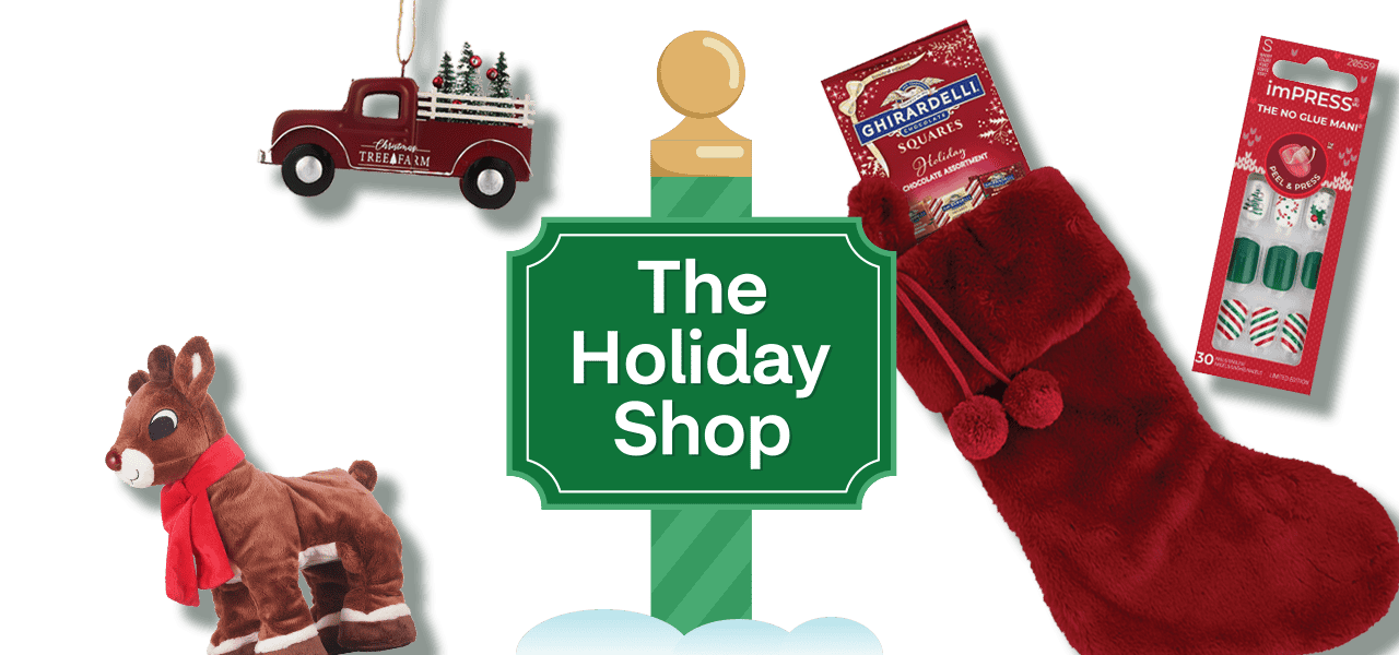 The Holiday Shop, holiday items including Raw Sugar gift set, Rudolph plush toy, tree farm ornament, stocking with Ghirardelli squares and imPress press on nails