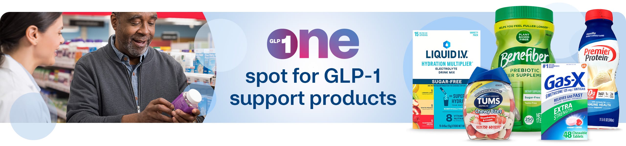 GLP-1 spot for GLP-1 support products, including Liquid I.V., Tums, Benefiber, Gas-X and Premier Protein. Image of a pharmacist supporting a pharmacy customer in an aisle holding a product and reading the ingredients.