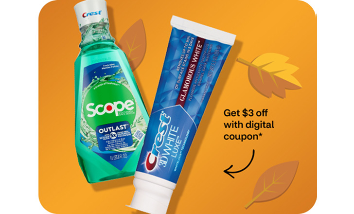 Buy 1, get 1 40% off. Get $3 off with digital coupon. Scope mouthwash and Crest White toothpaste.