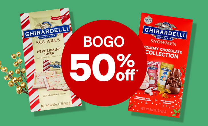 “Buy one, get one 50% off" offer dot next to Ghirardelli holiday chocolates.