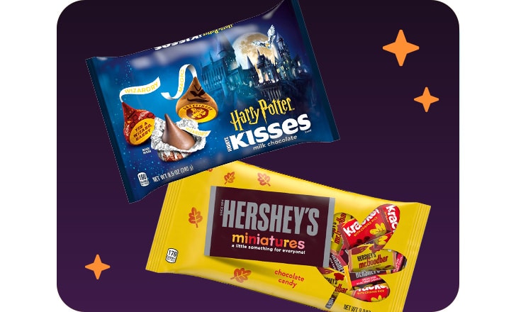 Harry Potter–themed Hershey's Kisses and Hershey's miniature candy against a dark background with orange stars