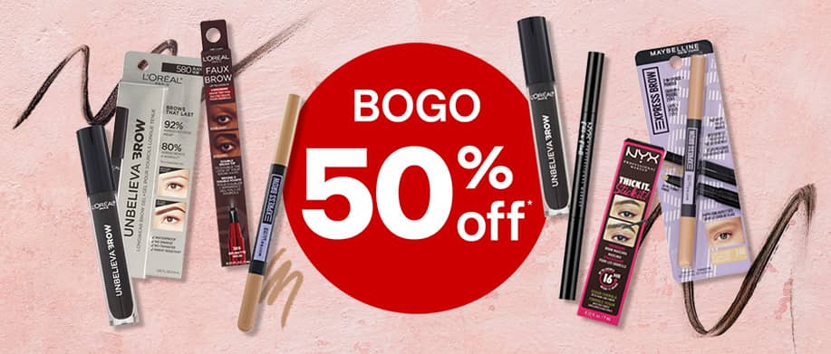Buy one, get one fifty percent off on brow makeup from L'Oréal Paris, Maybelline and more