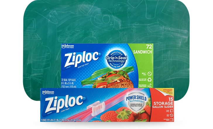 Ziploc gallon and sandwich bags against a school chalkboard
