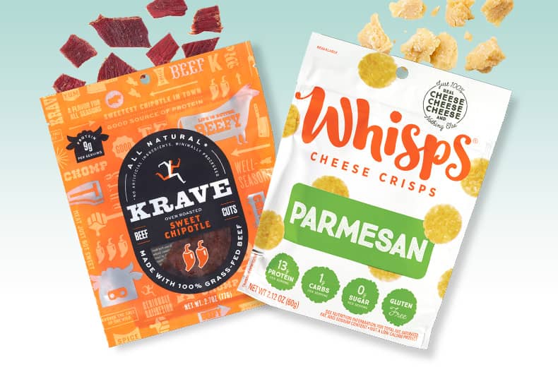 Krave Sweet Chipotle jerky and Whisps cheese crisps snacks