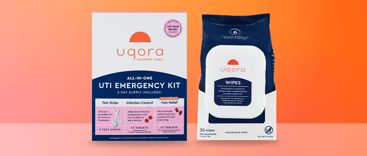 A box of Uqora UTI Emergency Kit and a bag of Uqora wipes