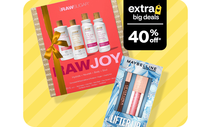 Cuarenta por ciento menos, set de regalo Raw Sugar Raw Joy, set de regalo Maybelline Lifter Lip