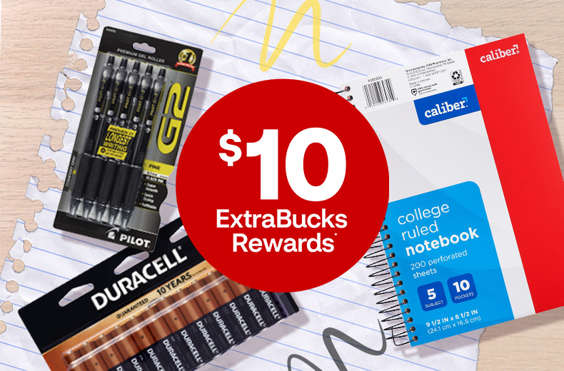 $10 ExtraBucks Rewards, Pilot G2 pens, Duracell AA batteries, Caliber 5 subject notebook