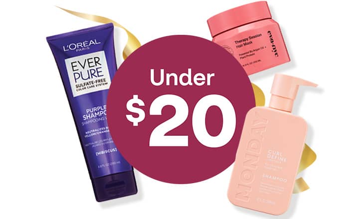 Under $20, L'Oreal Paris Ever Pure purple shampoo, Eva-nyc Therapy Session Hair Mask and Monday curl define shampoo.