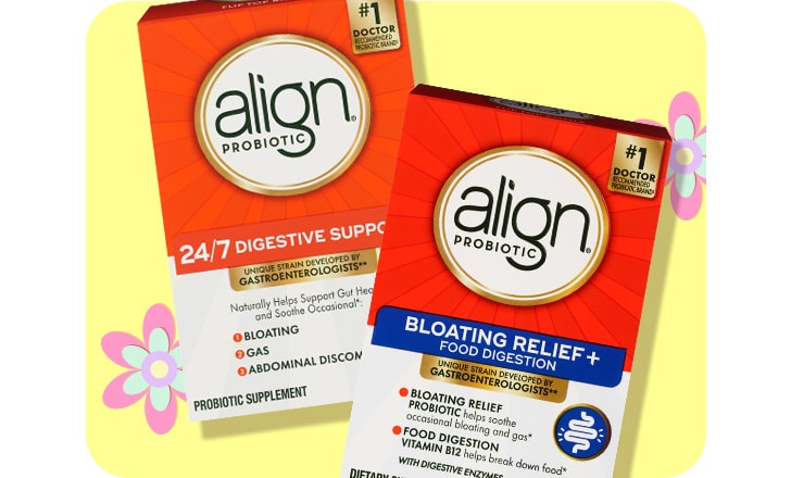 Align Probiotic digestive support and Align Probiotic bloating relief and food digestion supplements.