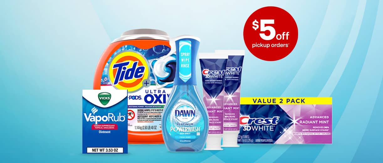 Vicks VapoRub, Tide laundry detergent pods, Dawn dish detergent, Crest 3D White toothpaste. $5 off pickup orders.