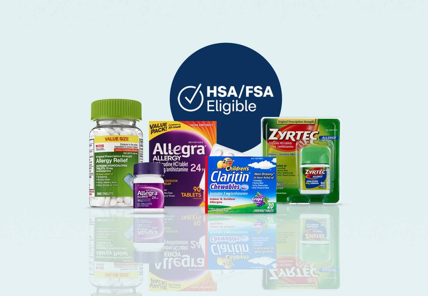 HSA/FSA eligible logo and products examples.